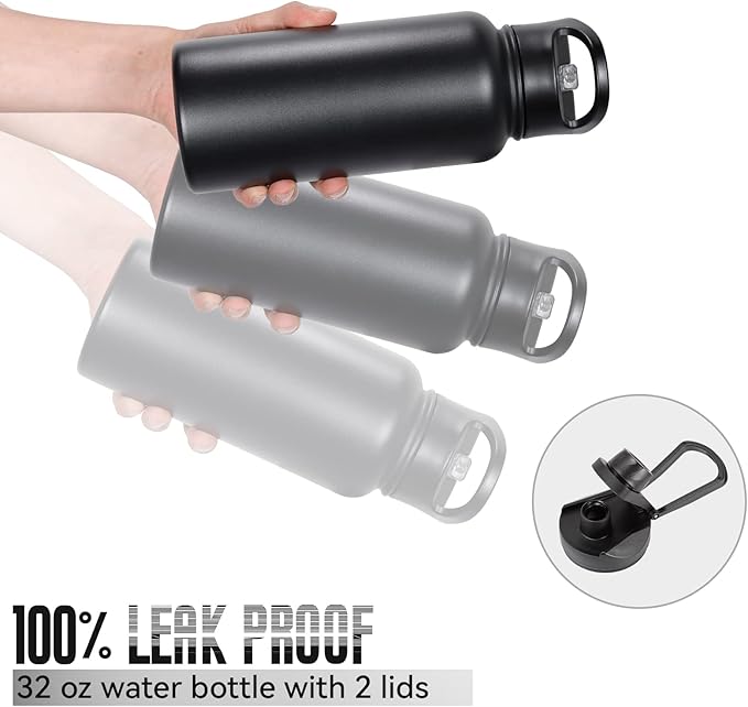 32 oz Insulated Water Bottle with Straw Lid & Wide Mouth Lids, Stainless Steel Sports Water Bottles, Double Walled Vacuum, Leak Proof, Black