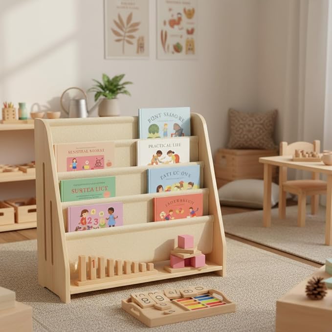 Baby Bookshelf Wood Montessori Kids Book Shelf Dutch Design 5Tier Scalloped,NaturalMapleWood Pattern