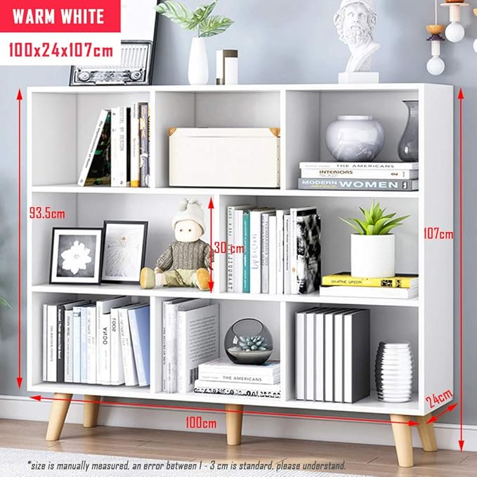 IOTXY Wooden Open Shelf Bookcase - 3-Tier Floor Standing Display Cabinet Rack with Legs, 8 Cubes Bookshelf, Warm White