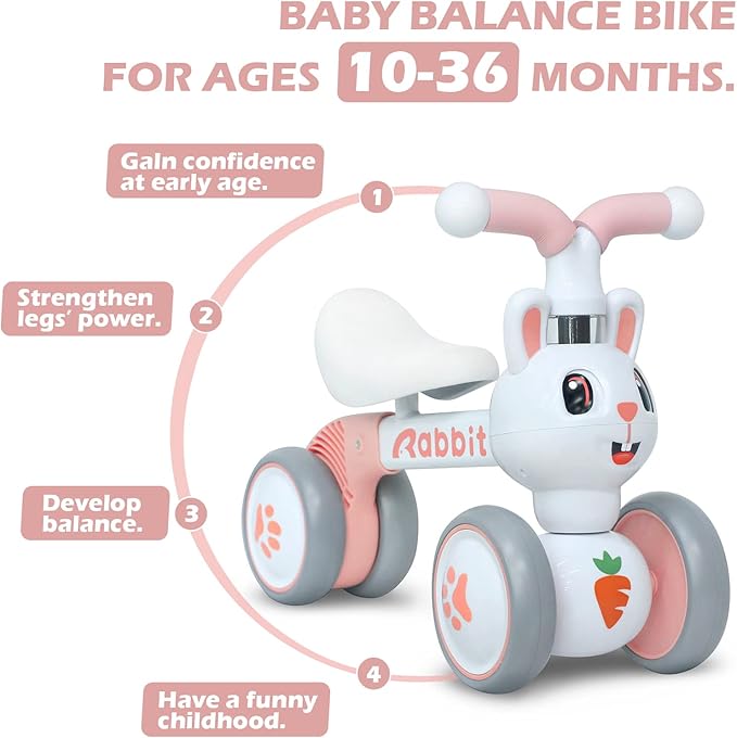 YGJT Baby Balance Bike Toys for 1 Year Old Girls, First Birthday Gifts for 10-36 Months Toddlers Bike, Non-Pedal 4 Silent Wheels Riding Toys, Kids Pre-School First Bike Rabbit
