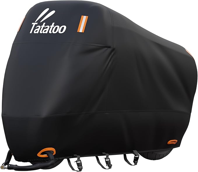 Motorcycle Cover Waterproof Outdoor, 300D Heavy Duty, UV & Rain Resistant, 3 Wind-Resistant Buckles, Dual Lock Holes, Includes Storage Bag, Fits Most Motorcycles up to 104",Black