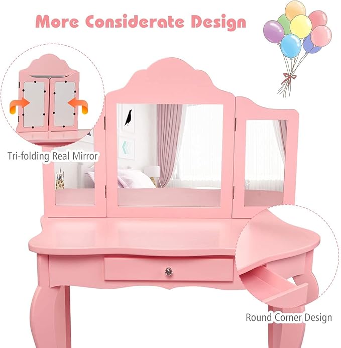 AKUSTIK Kids Vanity, 2 in 1 Wooden Dressing Table and Chair Set with Tri-Folding Mirror, Stool, Storage Drawer, Toddlers Pretend Princess Beauty Playset Toy for Girls