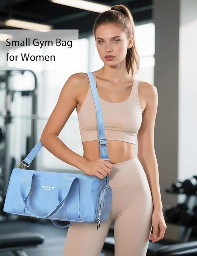 Compact Sports Gym Bag for Women, Cute Mini Duffle Bag with Wet Pocket & Shoes Compartment, Personal Item Travel Workout Bag, 16"- Small, Sky Blue