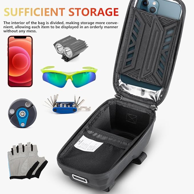 Waterproof Bike Frame Bag - MTB/Road Bike Top Tube Phone Holder for Phones Under 7", Universal Bicycle Phone Pouch with Rain Cover & Shockproof Design, Commuter Cycling Accessories