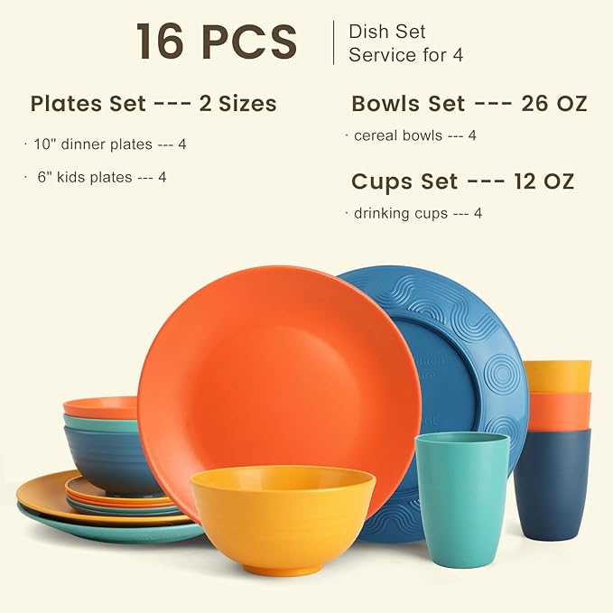 Homienly Dish Set Wheat Straw Dinnerware Sets Unbreakable Reusable Dinnerware Set 16 PCS Cups Plates and Bowls Sets, Microwave and Dishwasher Safe Dishes for Camping, Outdoor - Colorful