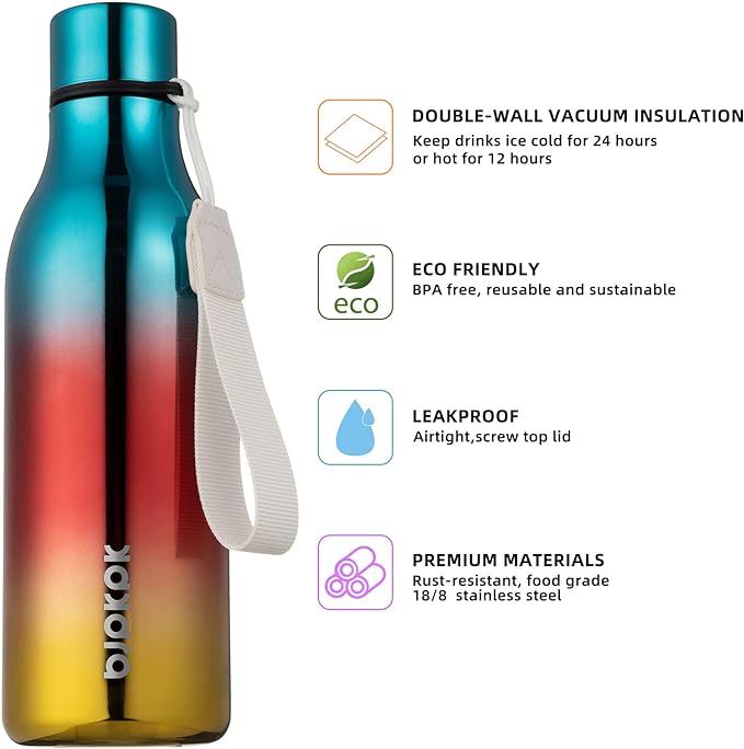 BJPKPK Insulated Water Bottles, 18 oz Stainless Steel Metal Water Bottle with Strap, BPA Free Leak Proof Thermo,Mugs,Flasks, Reusable Water Bottle for Sports & Travel, Caribbean Sunrise