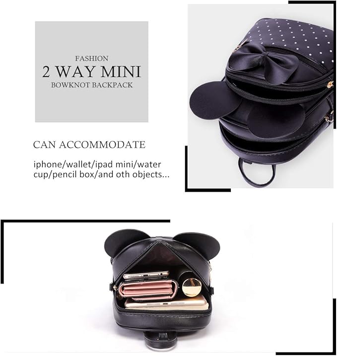 KL928 Girls Mini Backpack Bowknot Polka Dot Cute Small Daypacks Convertible Shoulder Bag Purse for Women