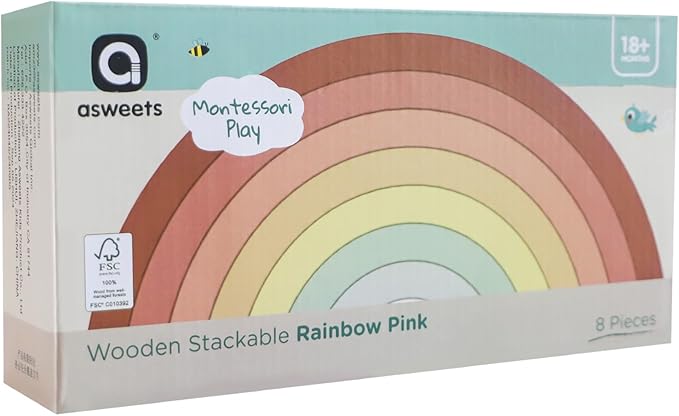 Asweets Wooden Stackable Rainbow Toy, 8 PCS Wooden Building Blocks Set for 1 2 3 Baby, Kids and Toddlers, Montessori Rainbow Nesting Puzzle, Best for 18M+, Cognitive Development (Pink)