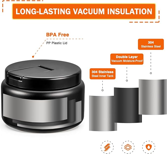 13.5oz Kids Jar for Hot Food, Insulated Vacuum Food Jar with Buckle Lid, Stainless Steel Wide Mouth Leak Proof Insulated Lunch Container for School Picnic Travel, Black