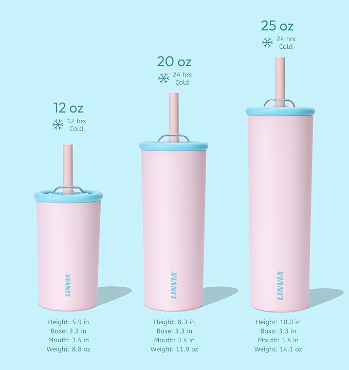 Candy Tumbler, 25 oz Kids Insulated Stainless Steel Water Bottle with Spill Resistant Silicone-Metal Straw and 2-in-1 Lid, BPA-Free, Cup Holder Friendly, Dishwasher Safe, Pastel Pink