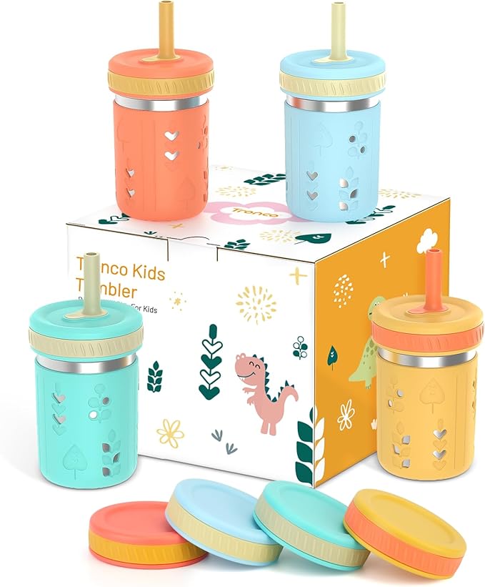 Tronco [4 Pack] 10 oz 2-in-1 Stainless Steel Kids Tumbler Cups with Silicone Sleeves, Spill-Resistant Flexible Straws & Storage Lids, BPA-Free Smoothie and Snack Cups, Dishwasher Safe