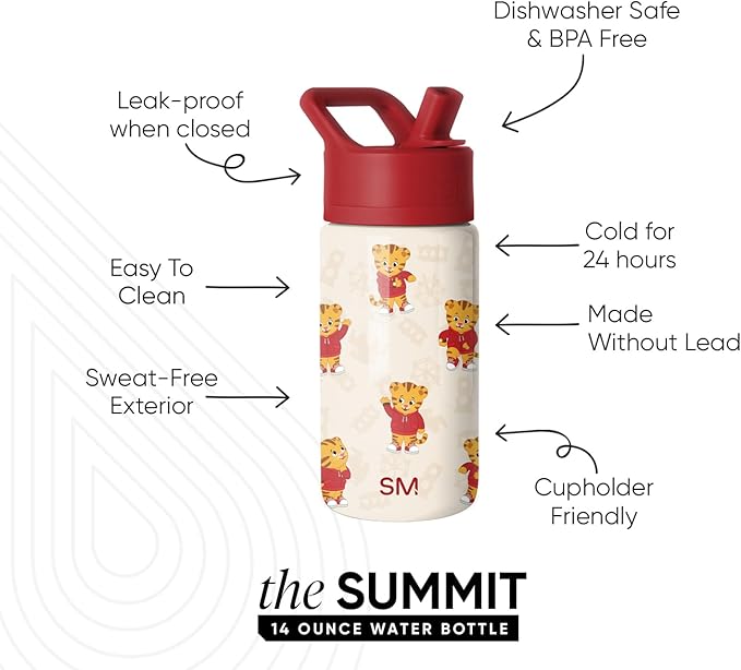 Simple Modern Kids Summit Water Bottle with Straw Lid | Daniel Tiger 14oz Stainless Steel Cup Insulated Tumbler for Toddlers, School | Daniel Tiger Dances