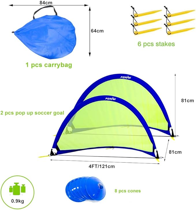 Poray Soccer Goal for Kid Easy-up Set of Two Portable Soccer Net 210D Oxford with 8 Field Marker Cones Extra Stakes Fun for Backyard and Soccer Training