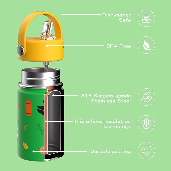 OISIZ Kids Water Bottle with Straw Lid 10oz, Vacuum Insulated 316 Stainless Steel Water Bottles for Kids for School, Leakproof Water Bottle, BPA Free and Keep Cold for 24 Hours