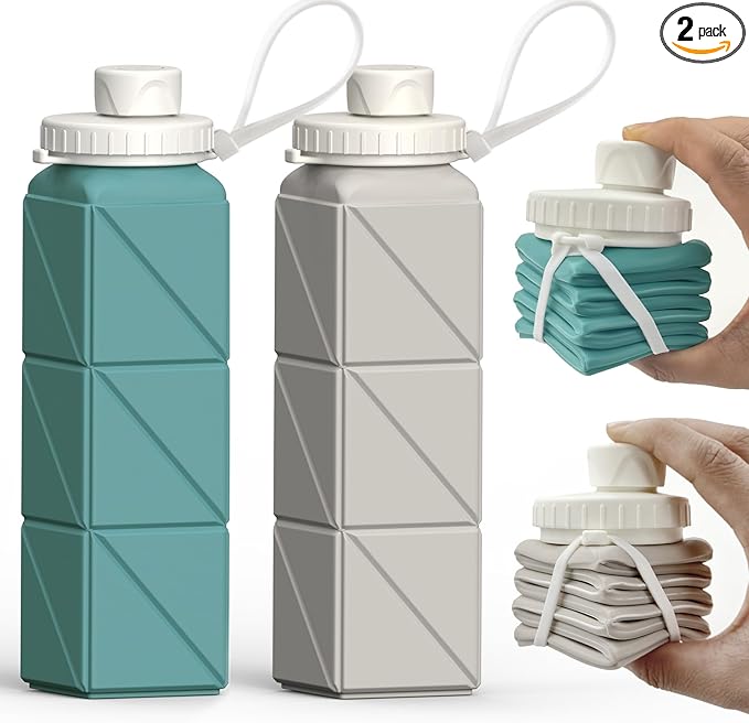 Collapsible Water Bottles 20.6oz, Silicone Foldable Portable Travel Water Bottle, Lightweight Reusable Leakproof for Traveling Camping Hiking Cycling Sports Outdoor, 2 Pack (Blue+Starlight)