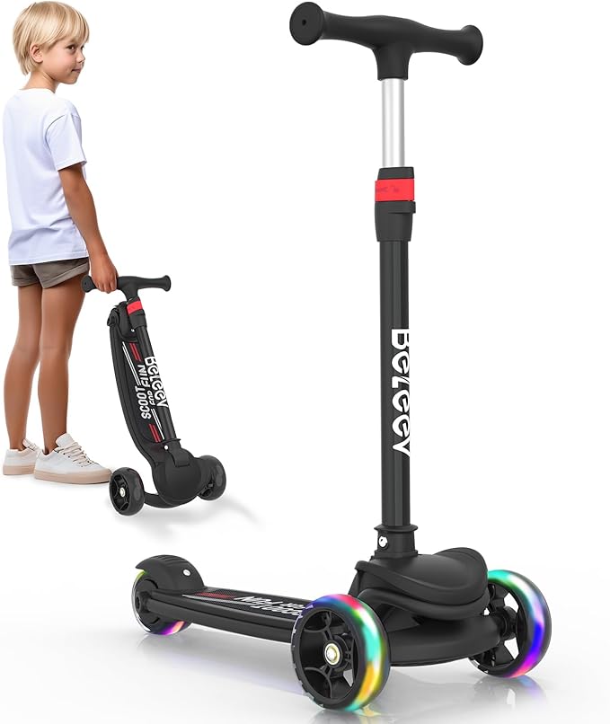 BELEEV A8 Scooter for Kids Ages 3-12, 3 Wheel Folding Scooter for Toddlers Girls Boys, LED Light-Up Wheels, 4 Adjustable Height, Lean to Steer, Extra Wide Wheels, Three Wheel Kick Scooter for Children