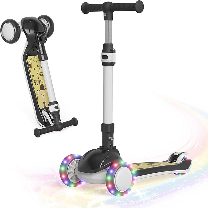 Kick Scooter Kids with LED Lighted Wheels and 3 Adjustable Height, Lean-to-Steer & Widen Anti-Slip Deck, 3 Wheel Scooter for Boys & Girls Up to 110 Lbs