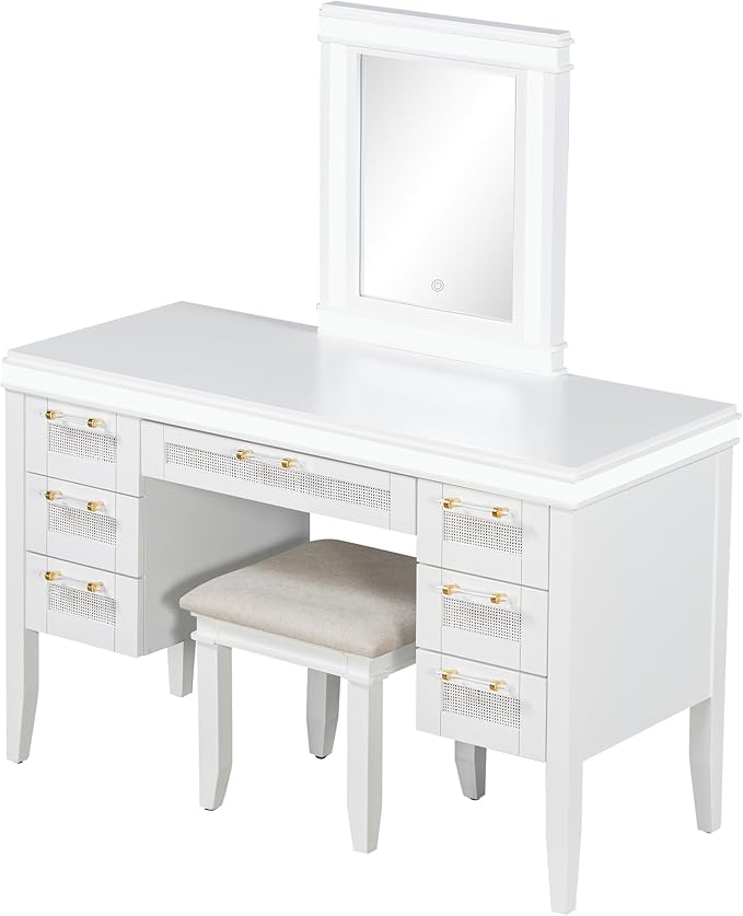 LUMISOL Makeup Vanity Desk with Mirror and Lights, 3 Lighting Modes, 48" Vanity Table with 7 Bamboo Weave Drawers, Dressing Table Set with Cushioned Stool, Light Beige