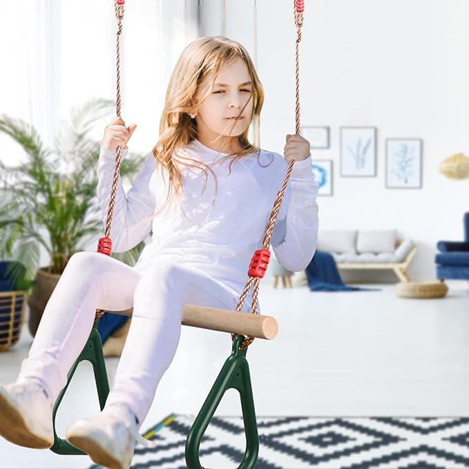 PELLOR Playground Children's Wooden Trapeze Swing Bar with Plastic Gym Rings Swing Set for Indoor & Outdoor Fun