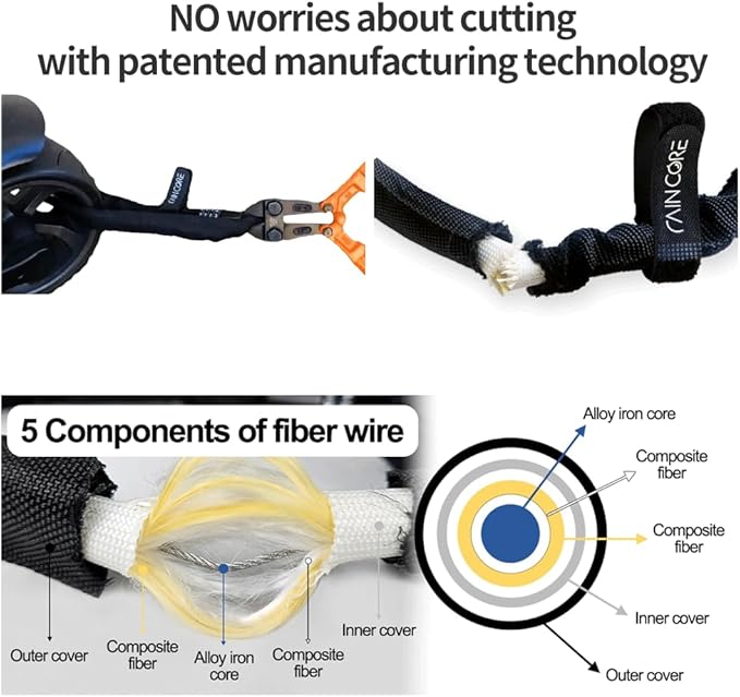 RAINCORE Light Weight Bike Cable Lock for Heavy Duti Anti Theft - 59inch (150cm) - 0.4lb (184g) - Bike Chain Lock with Chain Cutter Proof Fiber - Patented Korea - Security Cable (59 incehs)