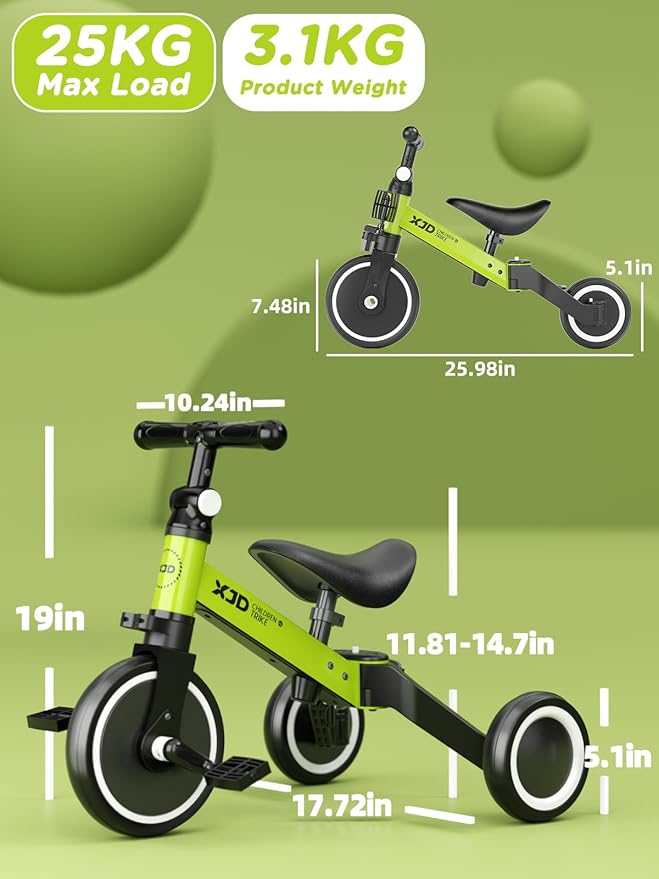 ﻿XJD 5 in 1 Toddler Bike, Tricycle for Toddlers 1-3 with Adjustable Seat Height, Removable Pedals, Ideal Balance Bike Birthday Gifts and Toys for Boys and Girls