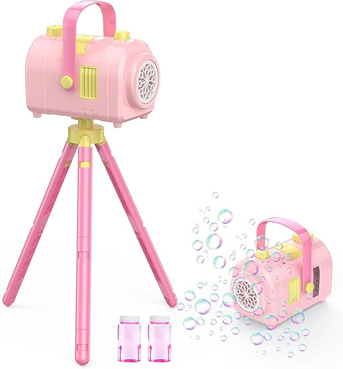 Bubble Machine Large Capacity, Automatic Kids Bubble Blower with 10 Holes 2 Speeds 17oz/500ml, Rechargeable Portable Bubble Toy with Tripod for Indoor, Outdoor, Birthday, Parties (Pink)