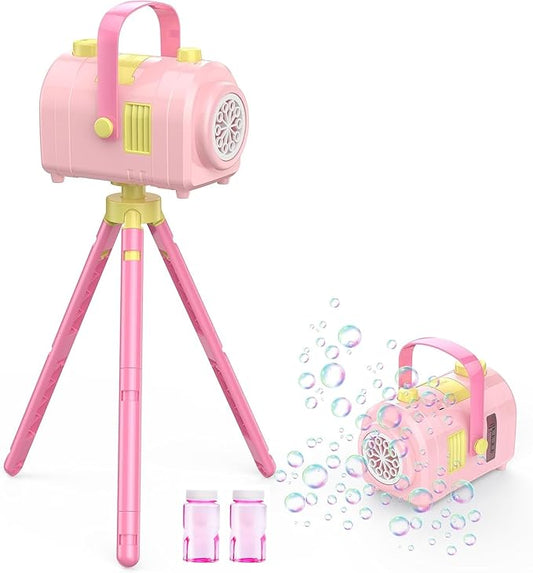 Bubble Machine Large Capacity, Automatic Kids Bubble Blower with 10 Holes 2 Speeds 17oz/500ml, Rechargeable Portable Bubble Toy with Tripod for Indoor, Outdoor, Birthday, Parties (Pink)