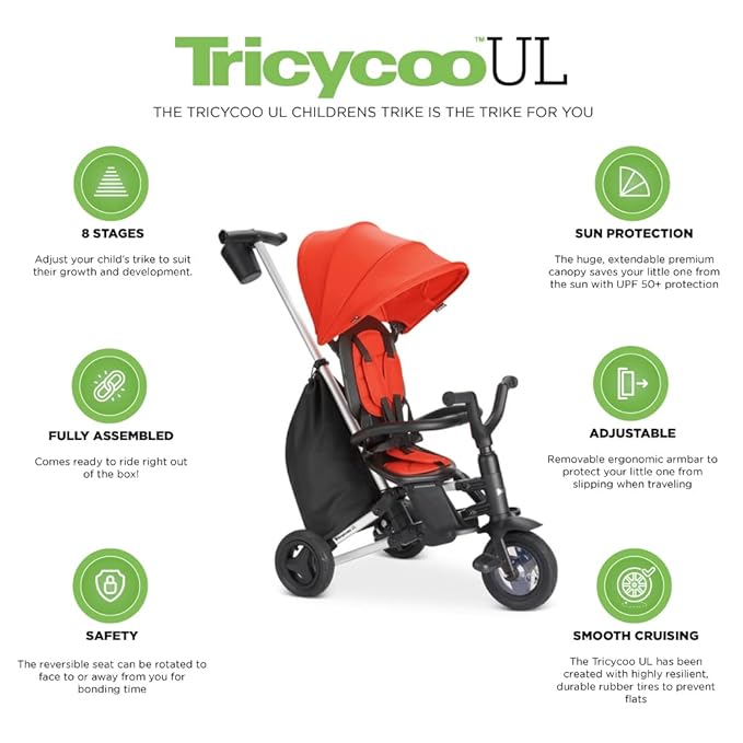 Joovy Tricycoo UL Kids Tricycle with 8 Stages Featuring 3 Rubber Tires, Removable and Adjustable Parent Handle, Safety Harness, 3-Position Recline Seat, and Retractable Canopy, Rorange