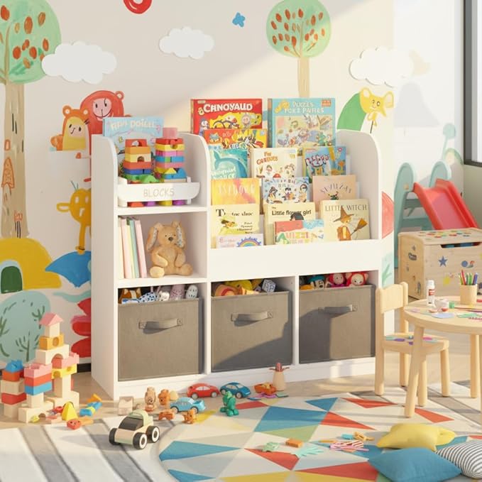 Kids Bookshelf, Wooden Kids Bookcase with 3 Storage Bins for Toy Storage, 4-Tier Shelf for Books & Reading, Multifunctional Toy Box with Bookshelf for Nursery & Bedroom Organization