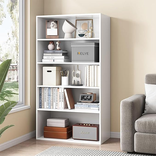 Basic Open Shelf Bookcase - 5-Tier Wooden Cube Storage Shelves Split Bookshelf, White