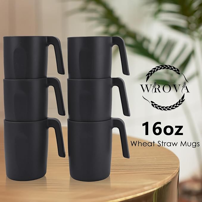 16oz Wheat Straw Cups with handles set of 6-Plastic Cups Reusable-Unbreakable Kids Mugs-Dishwasher Safe & Microwave Safe-Ideal Plastic Mugs for Tea,Coffee,Camping,RV-Black