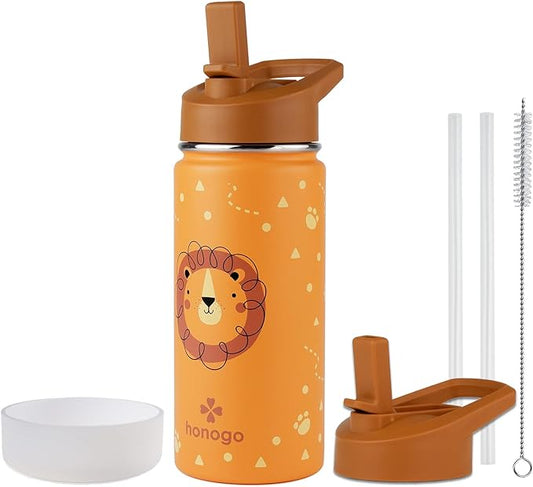 16 oz Stainless Steel Insulated Kids Water Bottle, Leak Proof Metal Thermal Flask with Straw lid, Cute Toddler Tumbler Cup for School Girls & Boys (Lion, Orange)