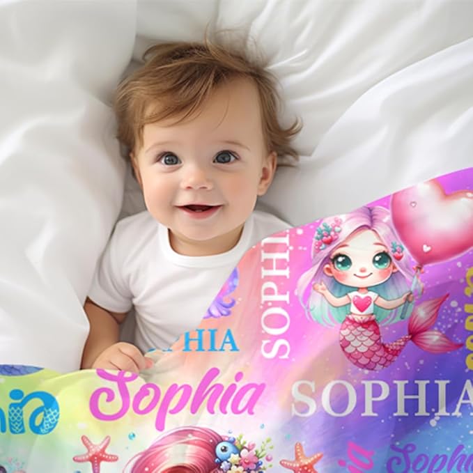 Custom Girl Blanket with Name Personalized Cute Mermaid Blanket for Newborn Customized Soft Flannel Throw Blanket Memorial Gift for Toddler on Birthday Baby Shower Christmas