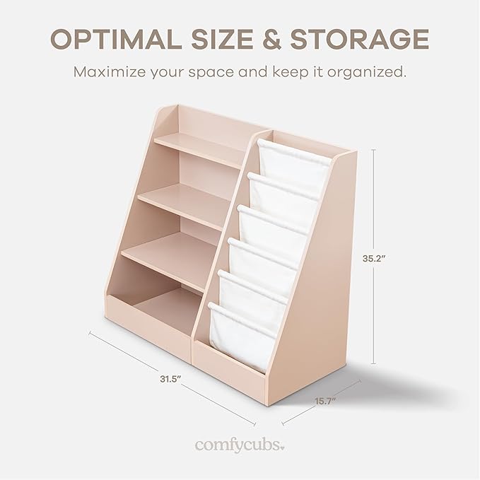 Comfy Cubs Kids Bookshelf 35.2 x 15.7 x 31.5 Inches - Sturdy MDF Montessori Book Shelf with Soft & Hard Shelves for Toys & Books - Child-Friendly, Easy Access Storage Organizer for Kids - Blush