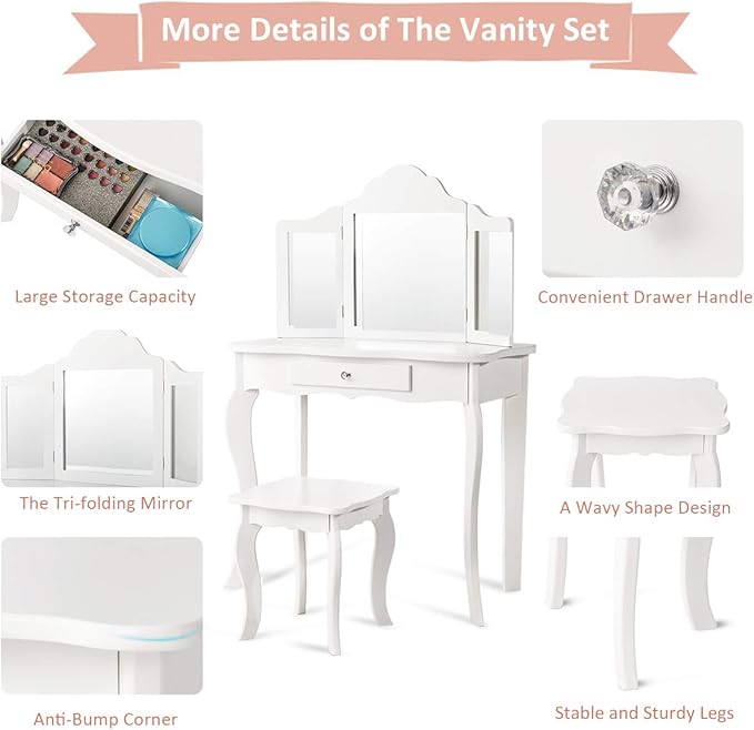 Costzon Kids Wooden Vanity Table & Stool Set, 2 in 1 Detachable Design with Dressing Table and Writing Desk, Princess Makeup Dressing Table with Two 180° Folding Mirror, for Girls, Kids (White)