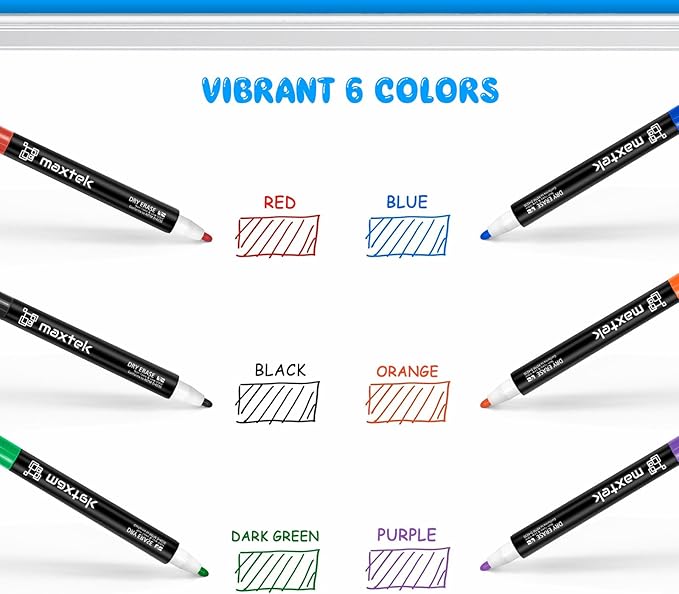 maxtek Dry Erase Markers - 6 Count Colorful Magnetic Dry Erase Markers Fine Tip with Eraser, Low Odor Whiteboard Markers for Calendar Boards