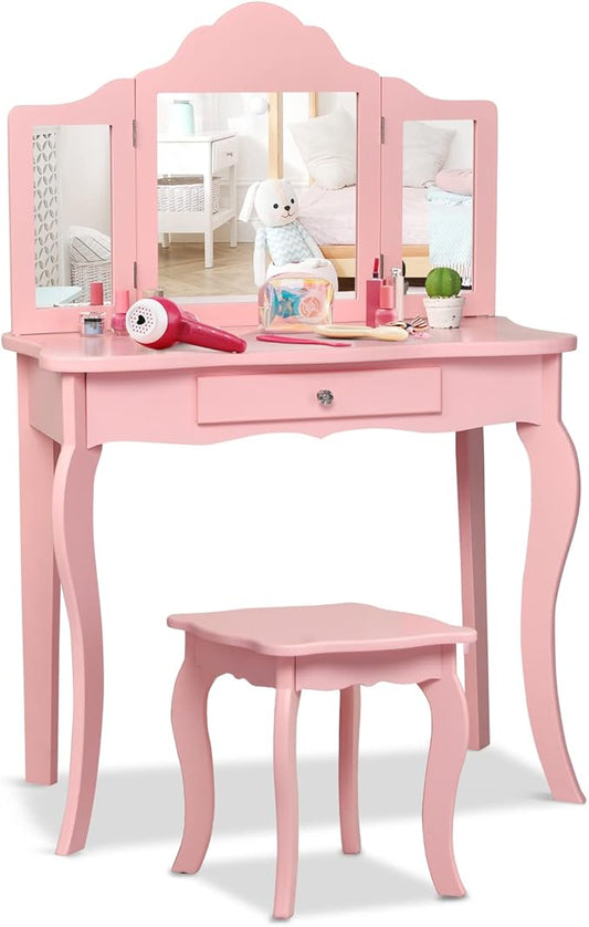 HONEY JOY Kids Vanity Set with Mirror, 2-in-1 Wooden Toddler Vanity Table with Stool, Tri-Folding Mirror & Drawer, Removable Top, Princess Pretend Play Beauty Makeup Vanity for Little Girls (Pink)