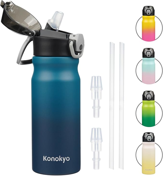 Insulated Water Bottle with Straw and Carry Loop,18 oz Stainless Steel Double Wall Vaccum Metal Water Flask with Leak-proof Lid,Indiego Black