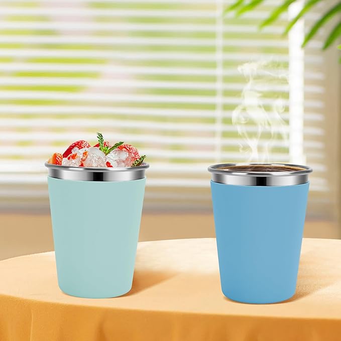 Kids Cups with Straws and Lids Leak Proof, 12oz Sippy Cups for Toddlers 1-3 No Spill, 2 Pack Spill Proof Cup Stainless Steel Kids Cup with Lids for School, Outdoor (Blue & Green)