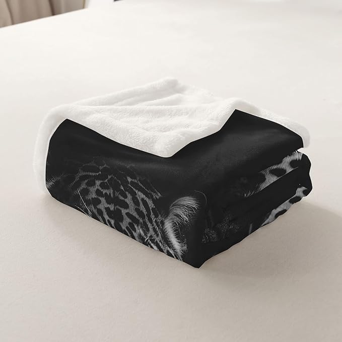 Black Jaguar Sherpa Blanket - Wild Animal Fleece Throw for Sofa, Couch, Bed - Wildlife Style Plush Queen Size 90x90 Inch - Luxury Black Fuzzy Bedroom Decor