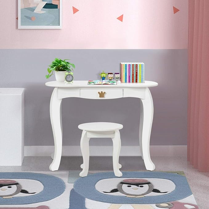Costzon Kids Vanity Table and Chair Set, Princess Makeup Dressing Table with Drawer & Tri-Folding Mirror, 2 in 1 Vanity Set with Detachable Top, Pretend Beauty Play Vanity Set for Girls (White)