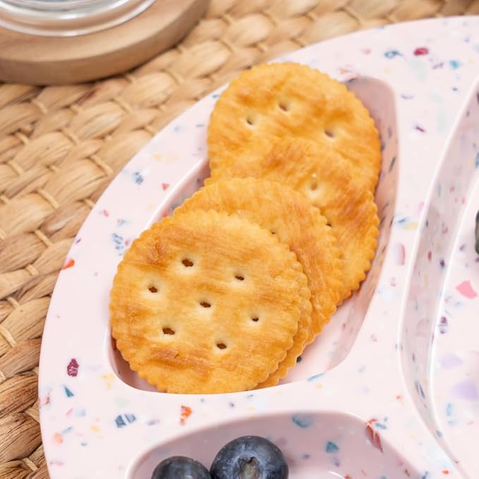 Bzyoo 9-Inch Melamine Divided Plates – 3-Section Portion Control Plates, Food Safe & Durable, Lightweight & Unbreakable, Reusable Tableware for Kids, Big Kids & Everyday Meals, Confetti Pink