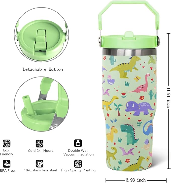 30oz Dinosaur CoffeeTravel Mug Cup Water Botter Flip Tumbler with Handle lid and Straw,Dinosaur Stuff Decor Accessories