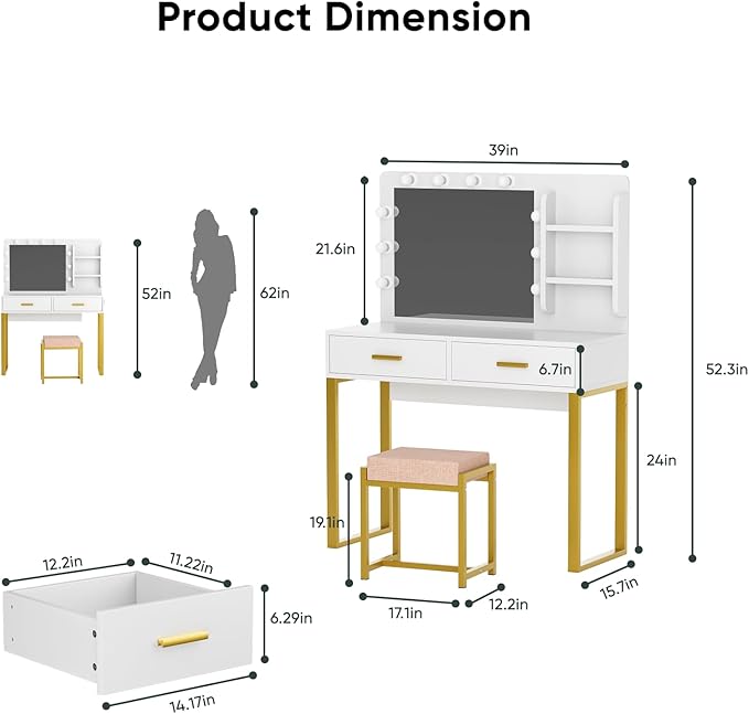 Makeup Vanity Desk with Lights,White Vanity with Lighted Mirror,Vanity Desk with 2 Storage Drawers,Vanity Set with Bench