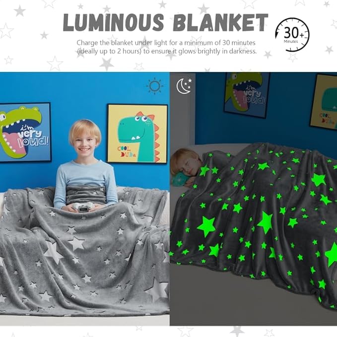 Glow in The Dark Star Blanket,Star Gifts Toys for Boys Girls, Birthday Presents Decor for Kids Age 3-14 Year Old Son Teen Child Toddler Luminous Christmas Bedroom Throw Blanket 50"x60"
