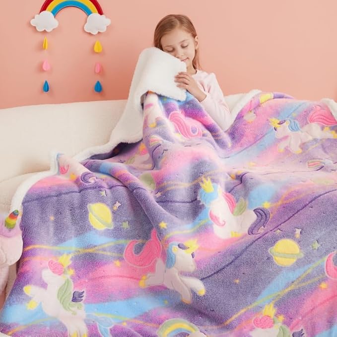 Glow in The Dark Unicorns Blanket,Unicorns Gifts Toys for Girls, Christmas Birthday Presents Decor for Kids Age 3-14 Year Old Daughter Teen Child Toddler Soft Sherpa Blanket Fleece Throw 50"x60"