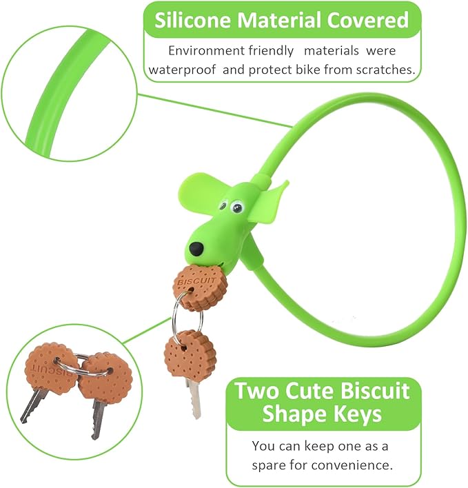 Bike Cable Lock with Keys,Silicone Covered Kids Cable Lock Cartoon Lock,2 Feet Lock for Bike,Door,Skateboard,Helmet and More
