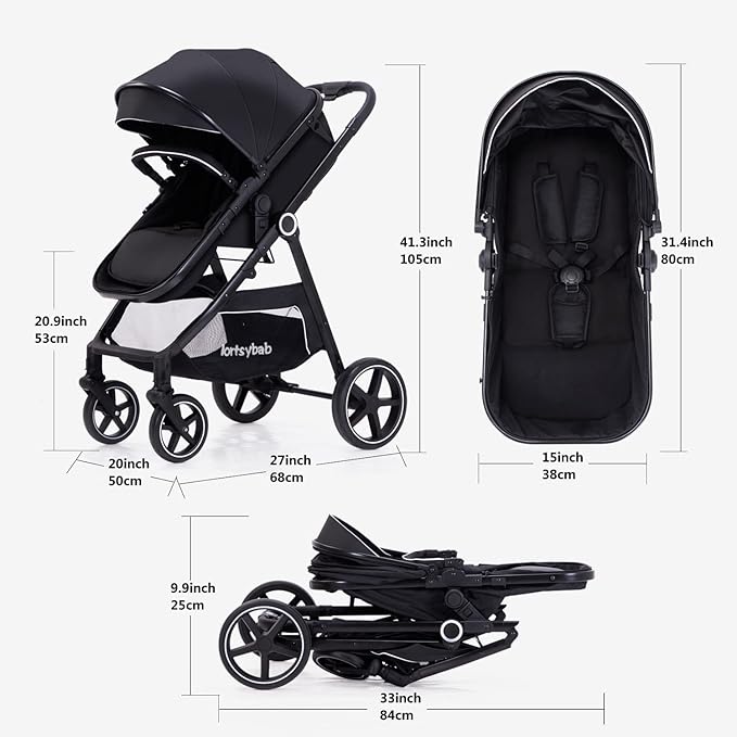 2-in-1 Baby Stroller - Folding Infant Newborn Pram Stroller with Reversible Seat - Toddler Strollers for 0-36 Months Old Babies