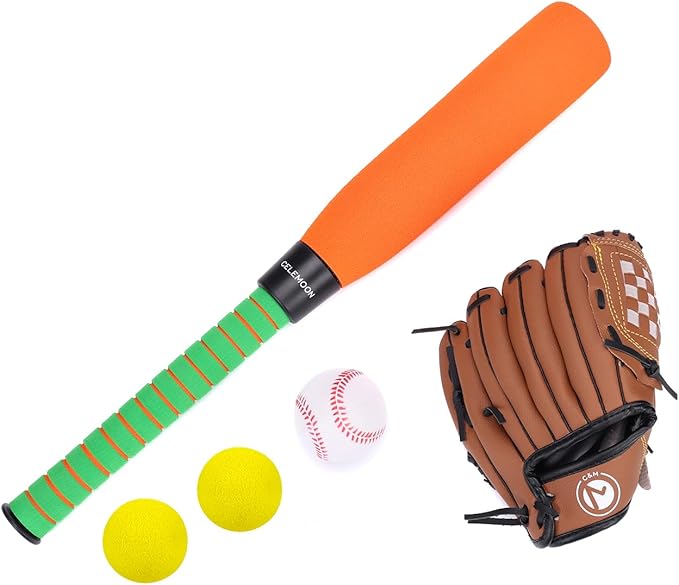 Foam Kids Baseball Bat Toy Set 3-in-1 Soft Bat, Baseballs & 9.5 Inch Youth Baseball Glove Bundle for Toddlers Children Youth 3-5 Years Indoor Outdoor Sport T Ball Game Playing