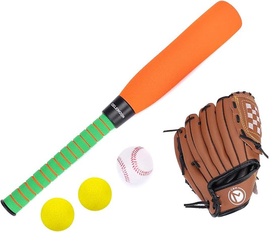 Foam Kids Baseball Bat Toy Set 3-in-1 Soft Bat, Baseballs & 9.5 Inch Youth Baseball Glove Bundle for Toddlers Children Youth 3-5 Years Indoor Outdoor Sport T Ball Game Playing